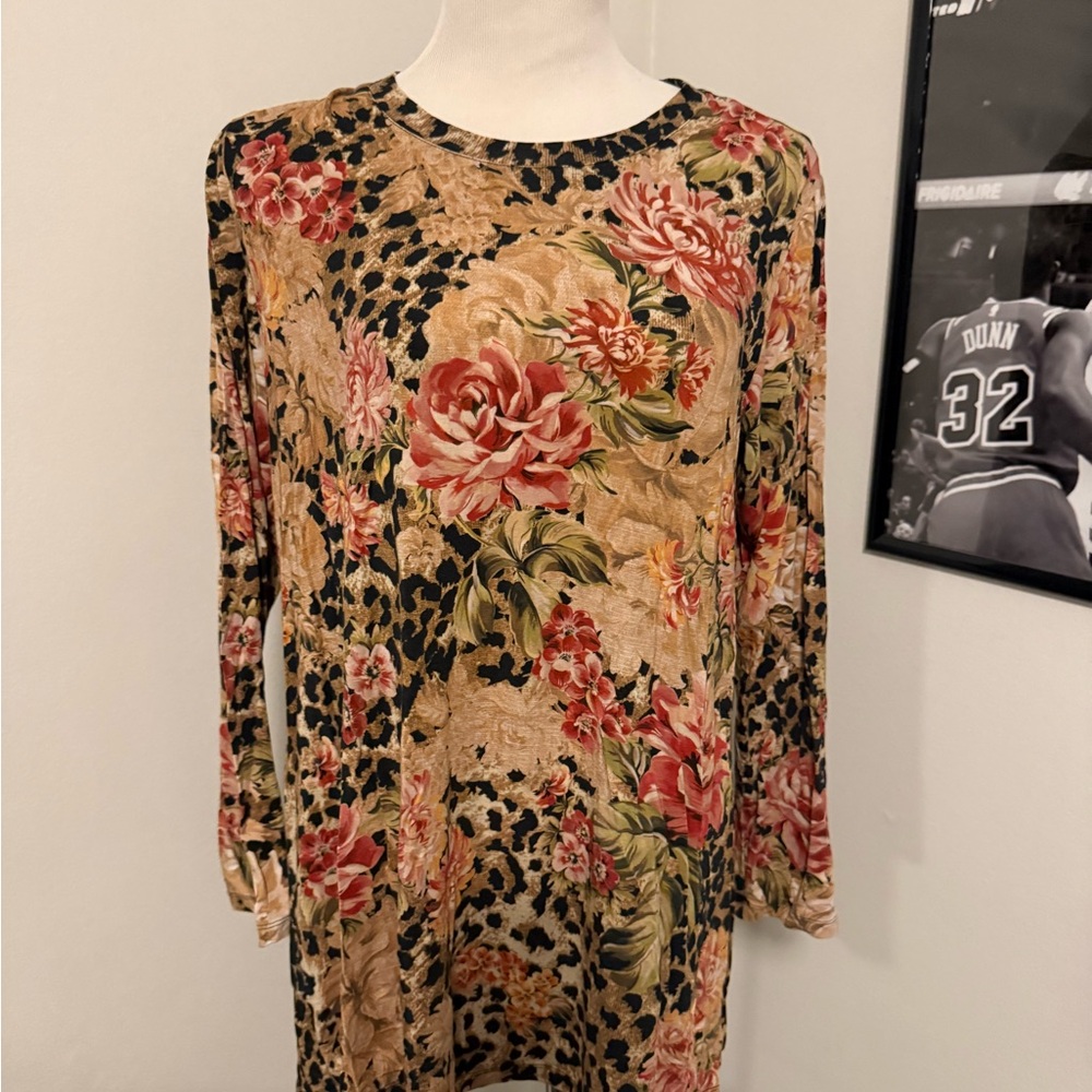 Johnny Was Floral Leopard Print Long Sleeve Top large